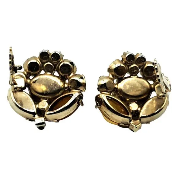 Yellow Foil Art Glass Rhinestone Earrings Autumn Colors Vintage Costume Jewelry - Picture 8 of 8